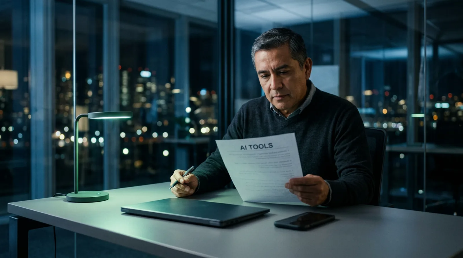A finance director reviews a printed list of his company's AI tools at his desk in the evening