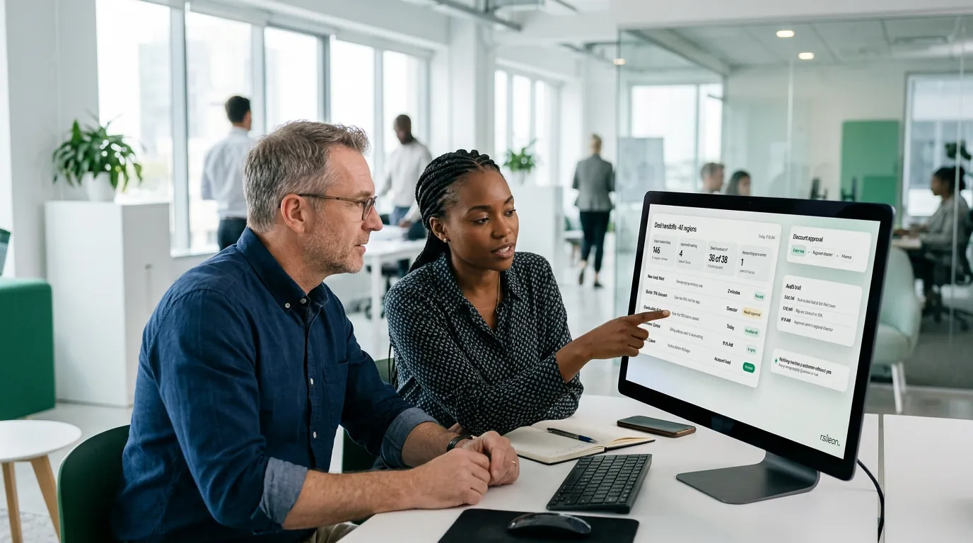 A sales operations lead points at a deal handoffs screen while the regional sales director looks on, in a bright office
