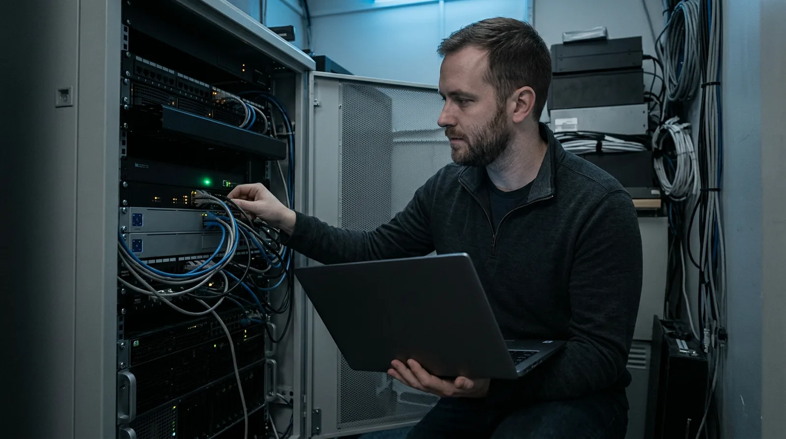 An IT lead checking the network equipment in a server closet, laptop in hand