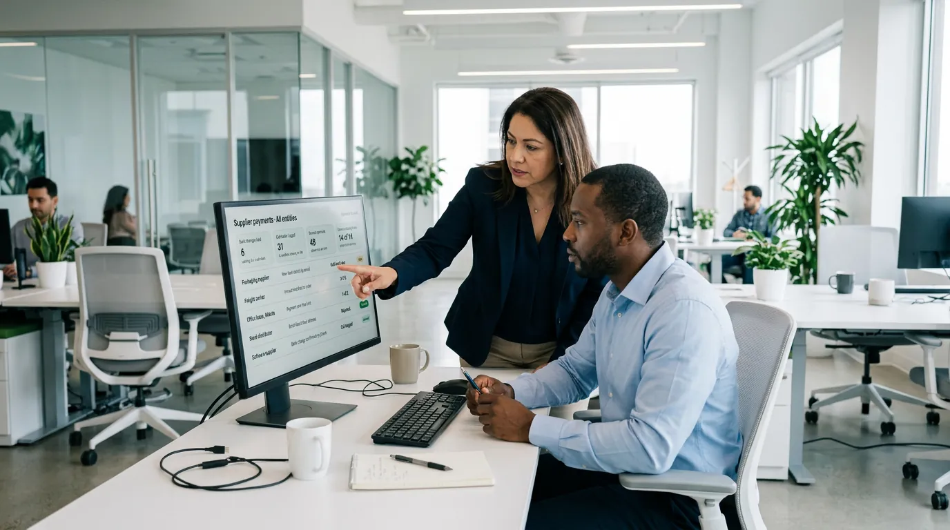 A controller points at a supplier payments screen on a payables lead's monitor, in a bright open-plan finance office