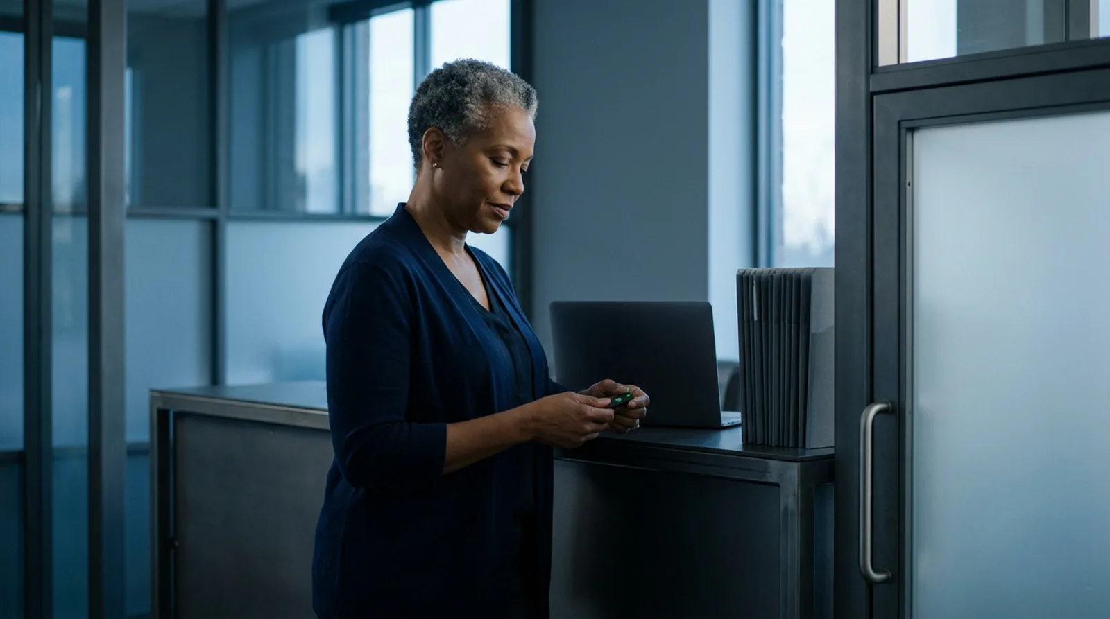 An office manager at a small accounting firm holds a small security key beside the front desk