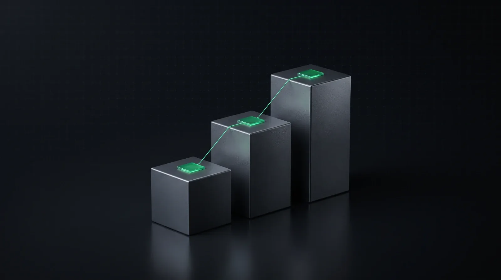 Three graphite blocks of rising height, each topped with a glowing green square and joined by a thin green line