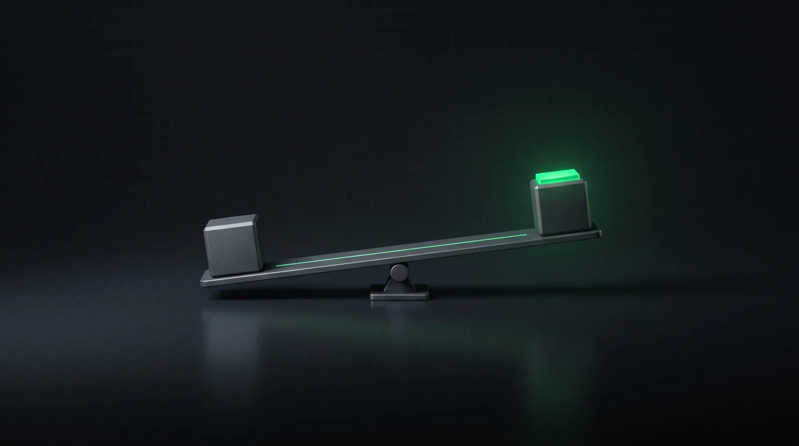 A graphite balance scale weighing a plain block against a block topped with a glowing green square