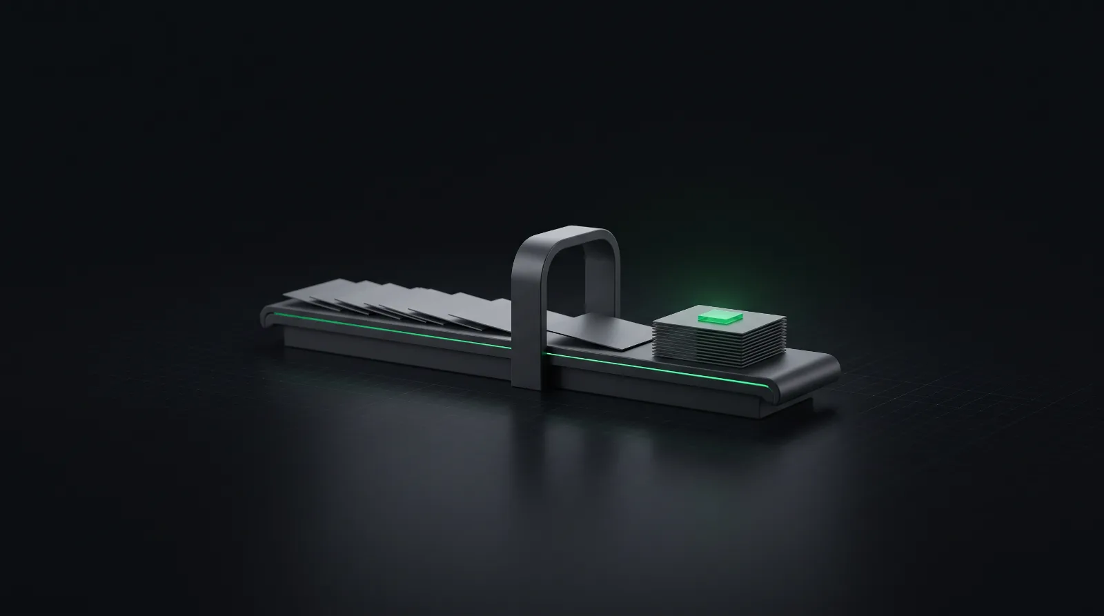 Blank graphite sheets on a conveyor passing through an arch and coming out neatly stacked under a glowing green square