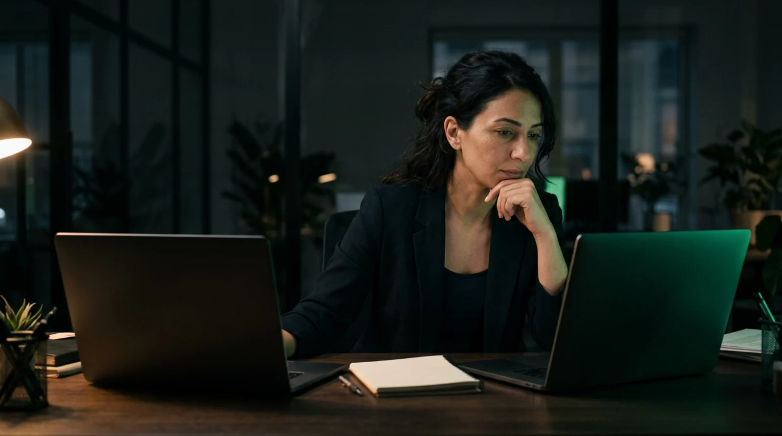 An operations director compares two laptops side by side at her desk