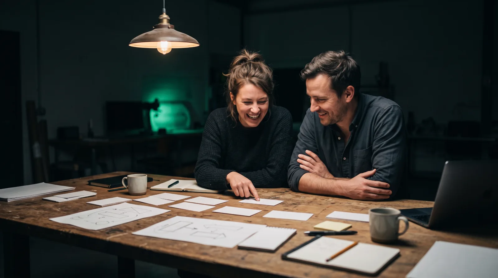 Two co-founders laugh over a worktable covered in blank index cards and sketches