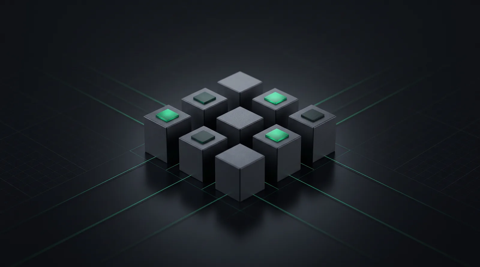 A grid of graphite blocks, several topped with glowing green squares, connected by thin green lines