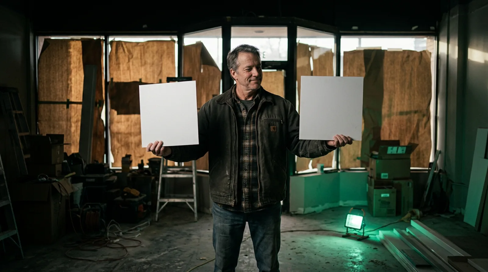 A shop owner holds up two blank sign boards side by side in an empty storefront