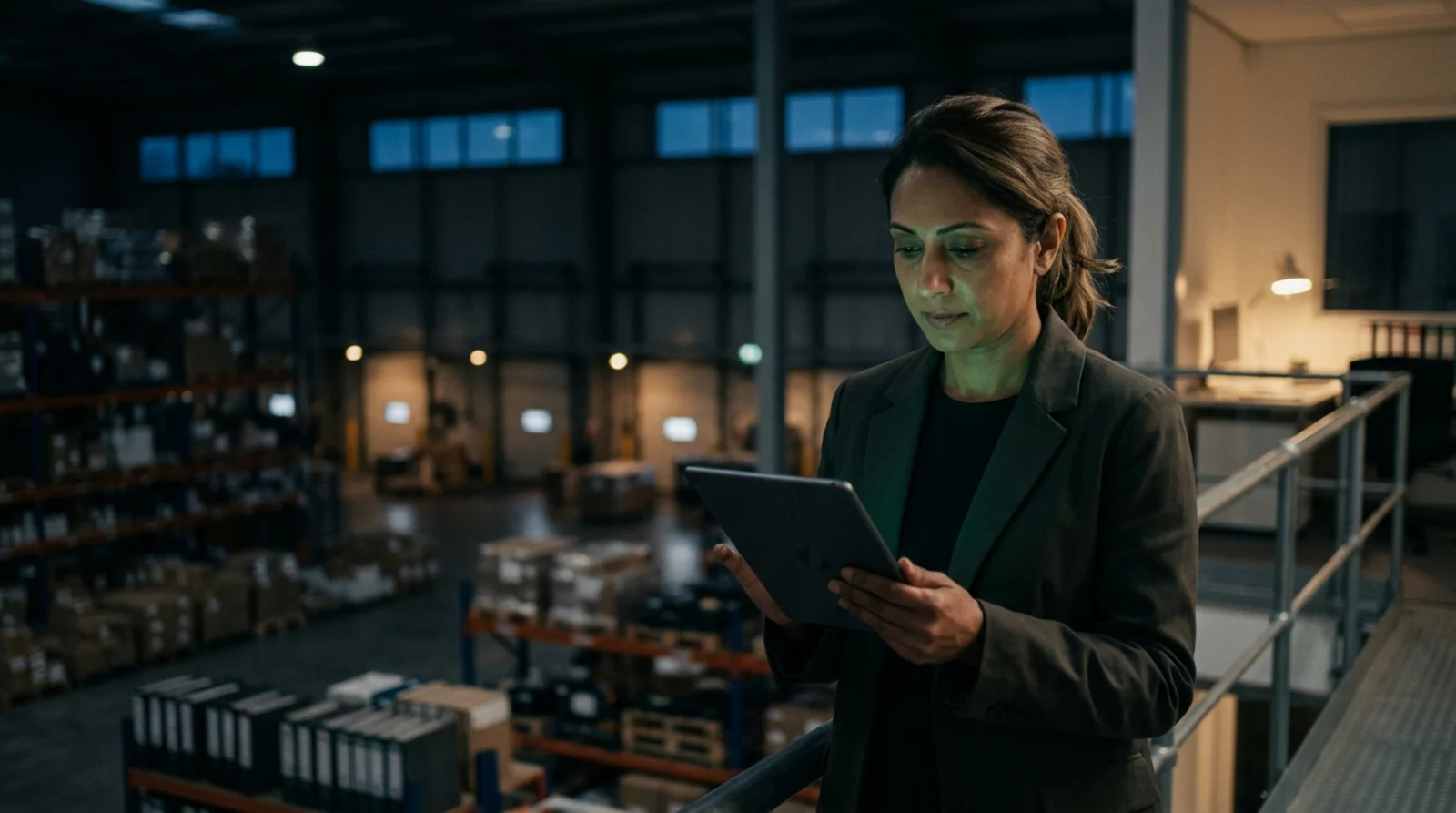 A finance and operations manager checks stock on a tablet above a warehouse floor