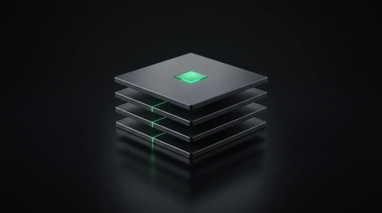 Four offset graphite slabs stacked like software layers, the top one carrying a glowing green square