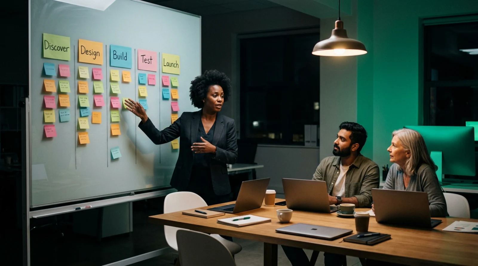 An engineering lead walks two colleagues through a plan on a glass whiteboard of sticky notes headed Discover, Design, Build, Test and Launch