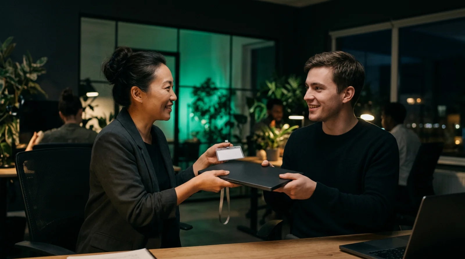 An HR lead hands a new hire his company laptop on his first day