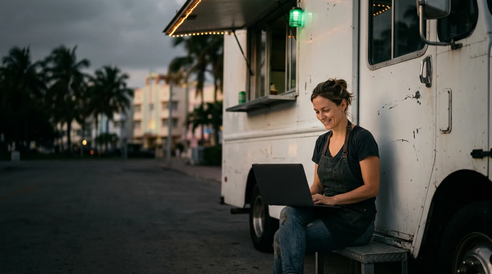 A food truck owner works on a laptop on the step of her truck in Miami at golden hour