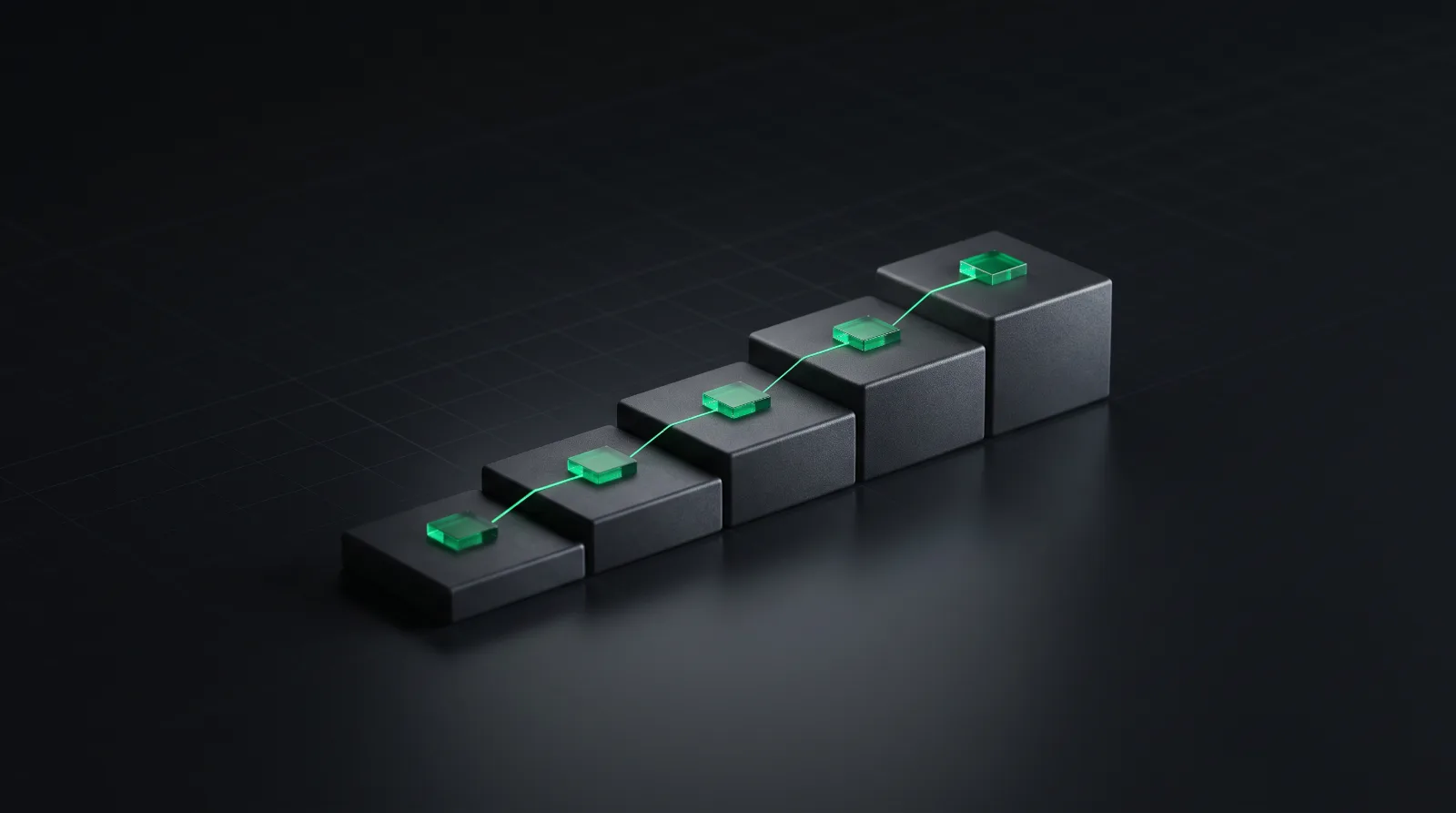 Five graphite tiles rising like steps, each topped with a glowing green square and linked by a thin green line