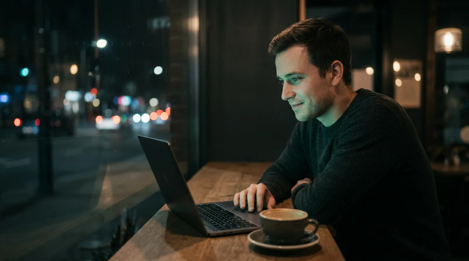 A man smiles at his laptop at a cafe window table at night