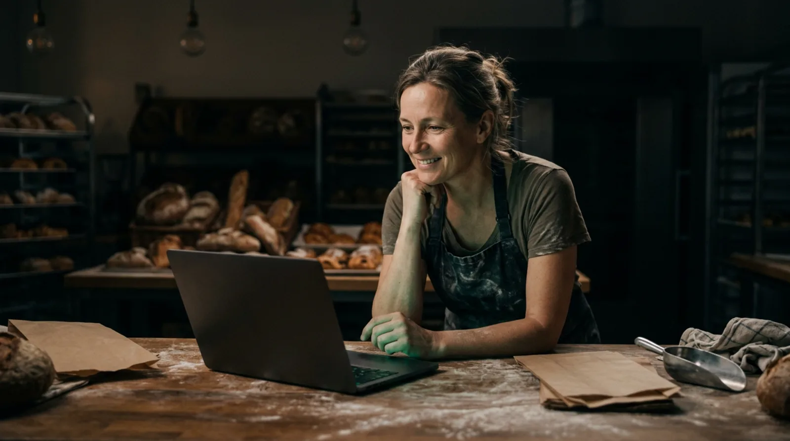 A bakery owner in an apron smiles at her laptop on the counter after closing