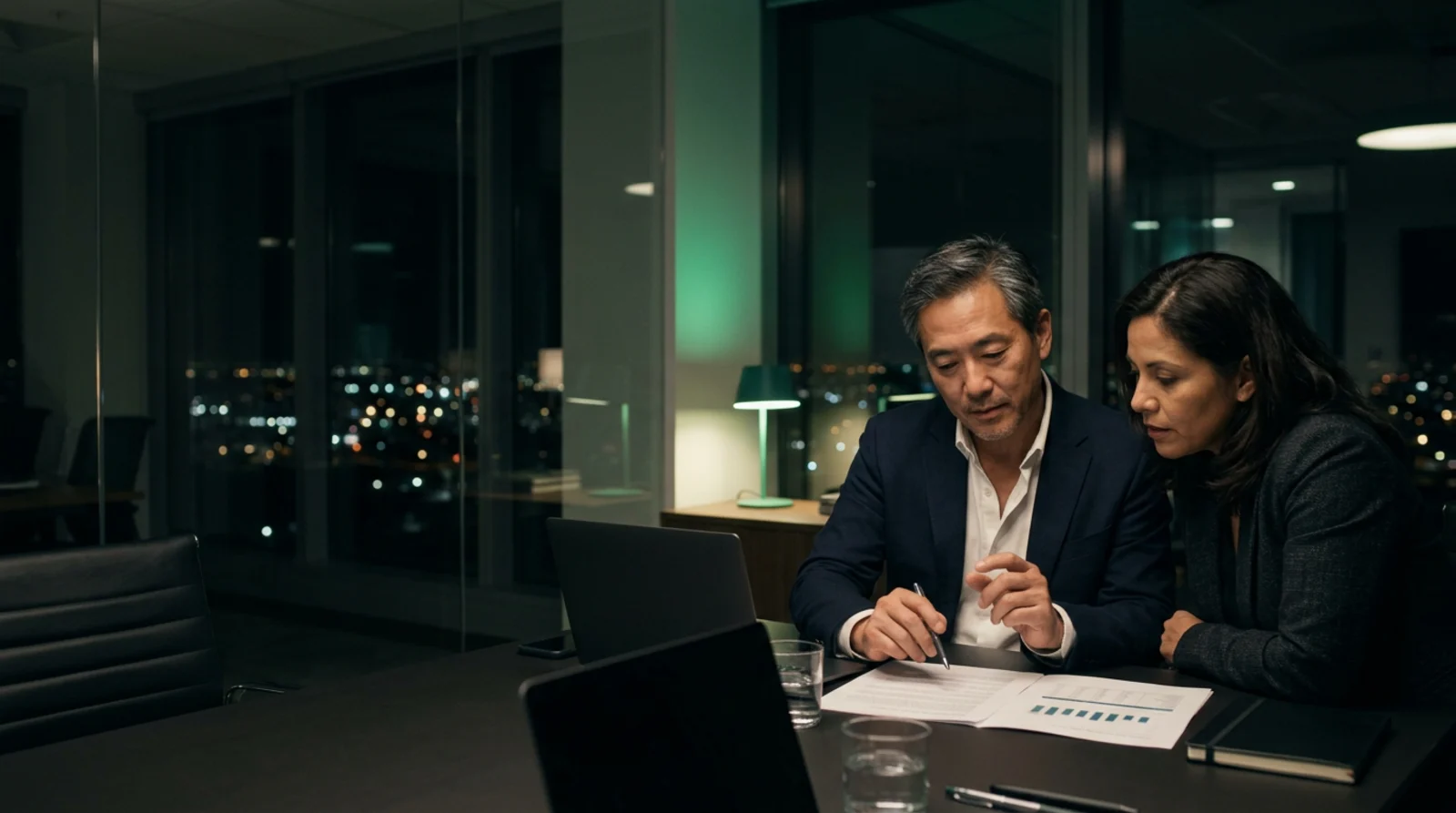 Two executives review a printed proposal together in a glass meeting room at night
