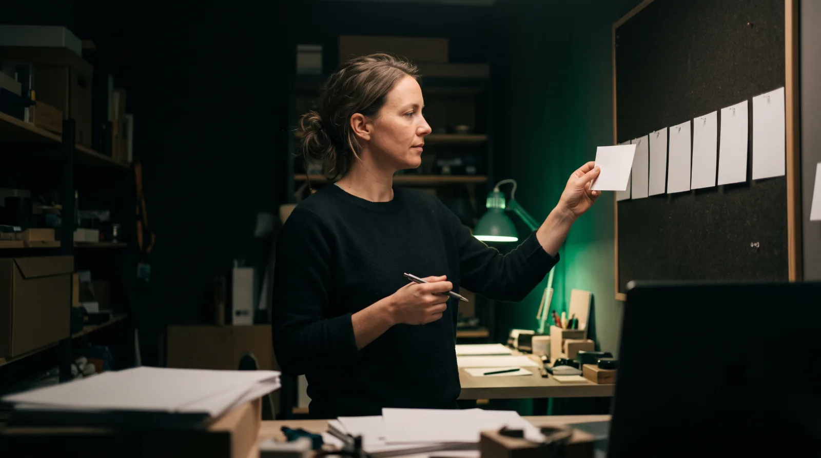 A small business founder pins a row of blank index cards to a cork wall under a green desk lamp
