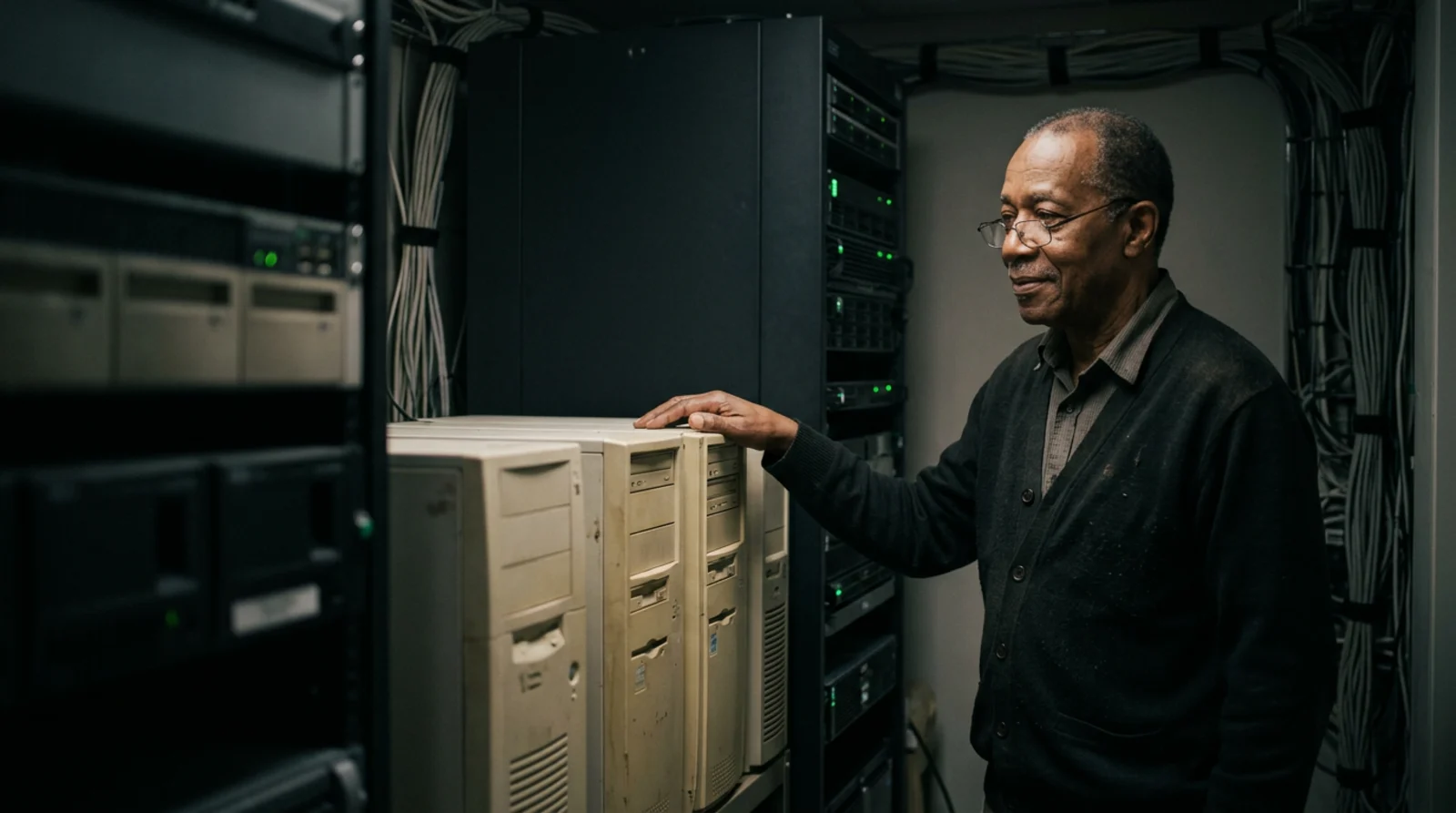 An IT manager rests his hand on an old beige server beside a newer rack