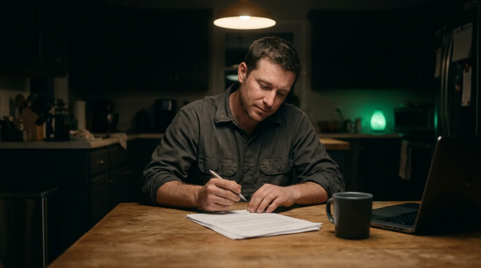 A landscaping business owner signs his business formation papers at a kitchen table