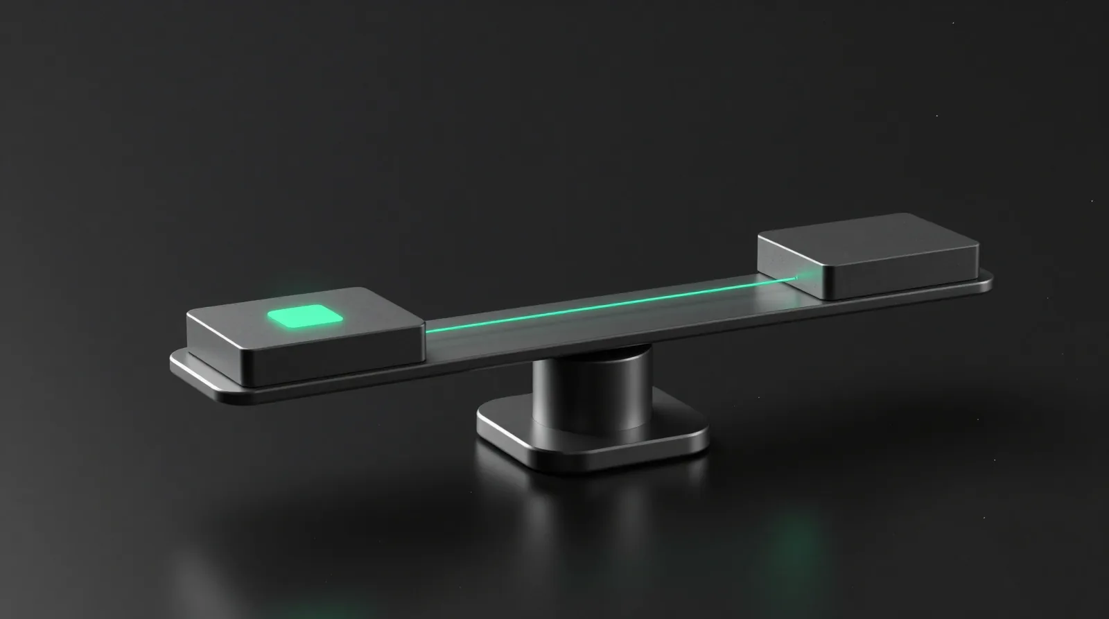 A graphite balance beam with a glowing green square on one end and a thin green line along it