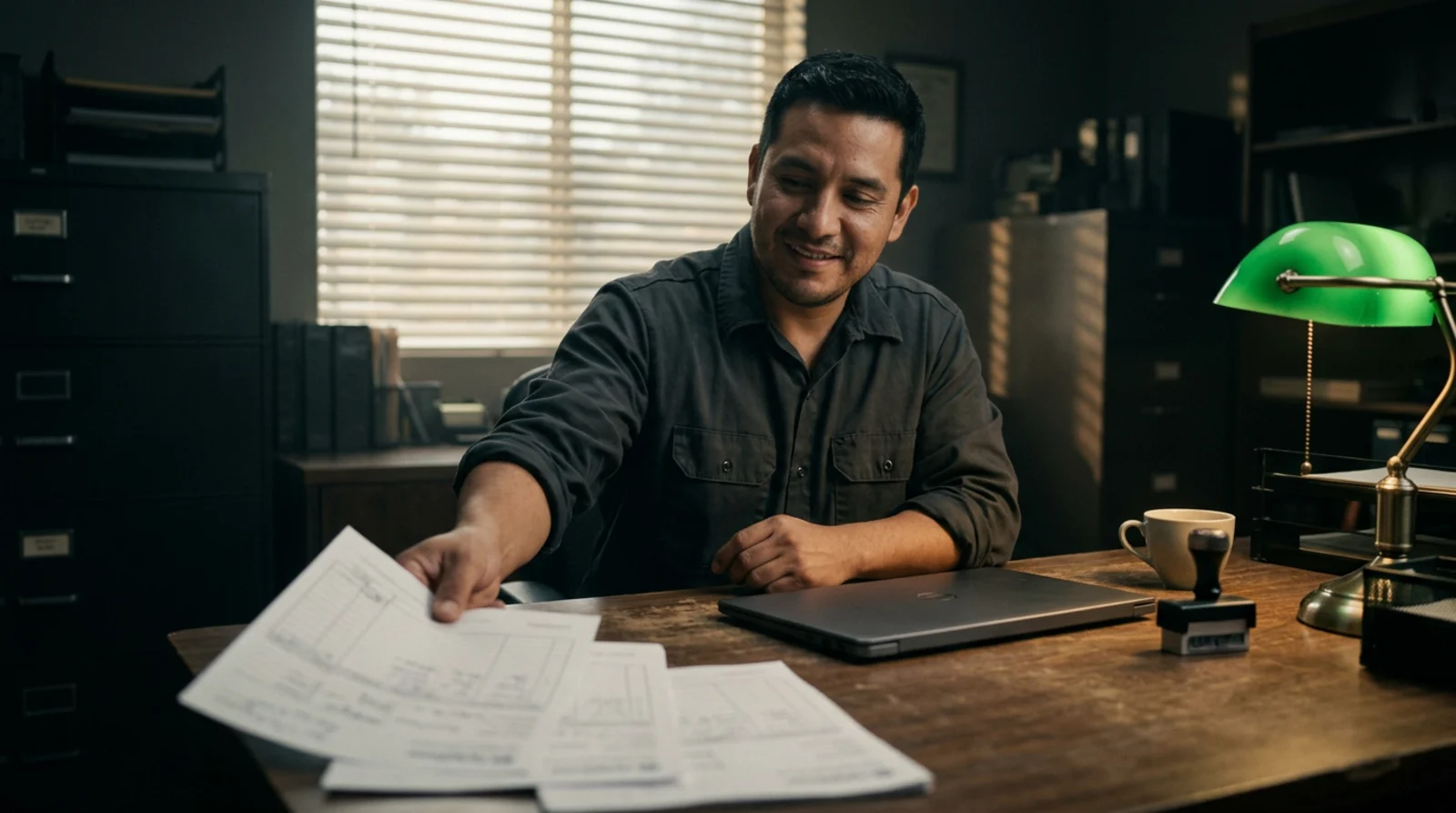 A purchasing coordinator sets aside a stack of paper forms under a green desk lamp