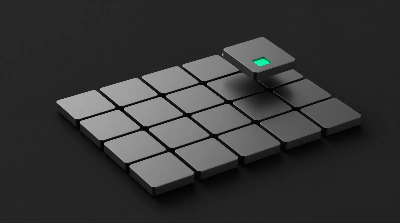A grid of graphite tiles with one lifted tile showing a glowing green square