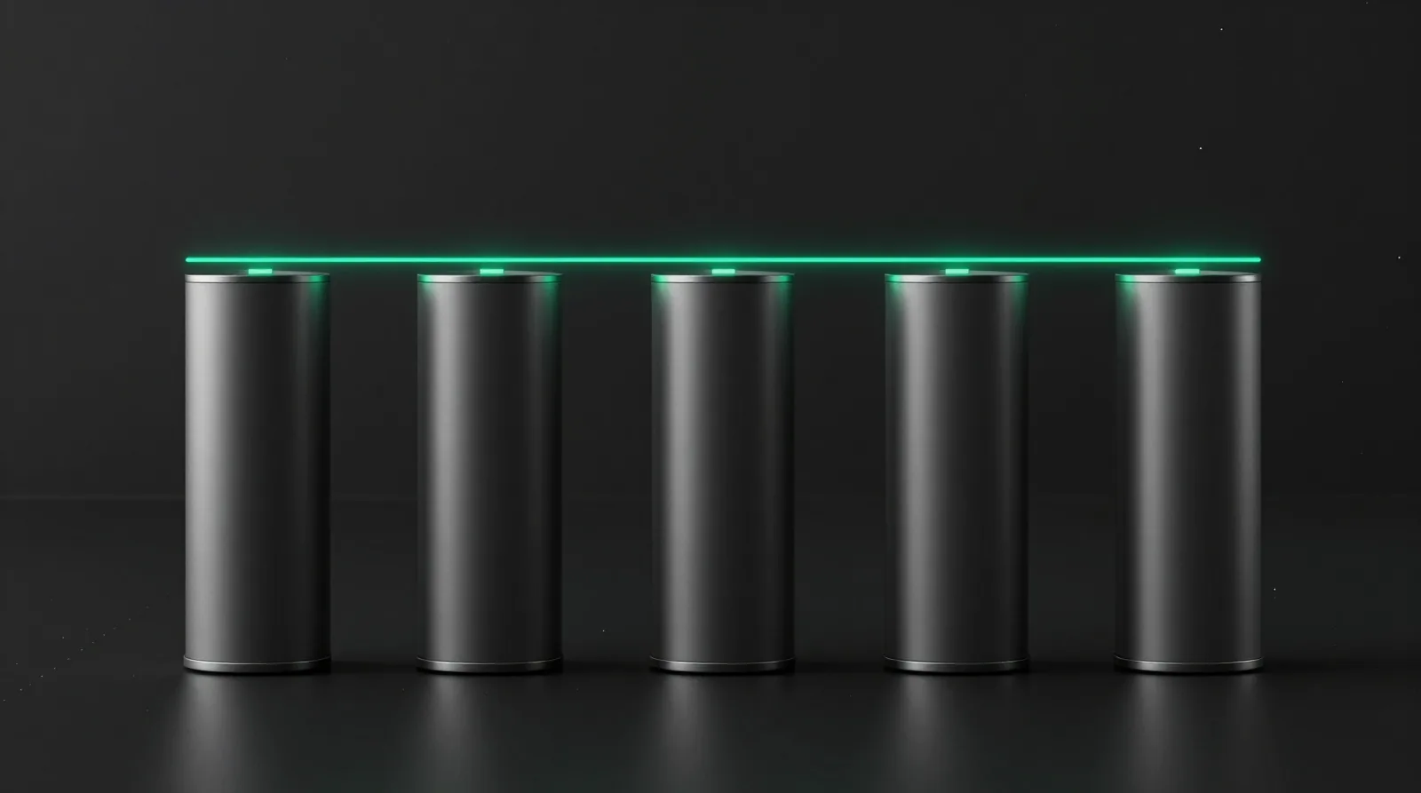 Five graphite pillars in a row, each lit at the top and joined by a thin green line